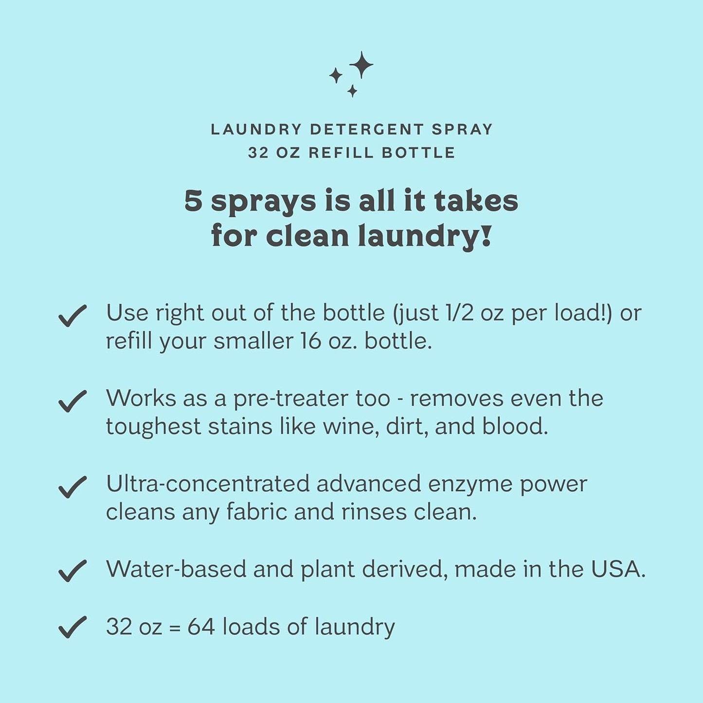 Clean Mama Laundry Detergent Spray & Pre-Treater Refill - Natural Laundry Detergent Soap for Sensitive Skin - Eco-Friendly, HE Compatible - Clean Laundry Scent - 64+ Loads of Laundry, 32 oz