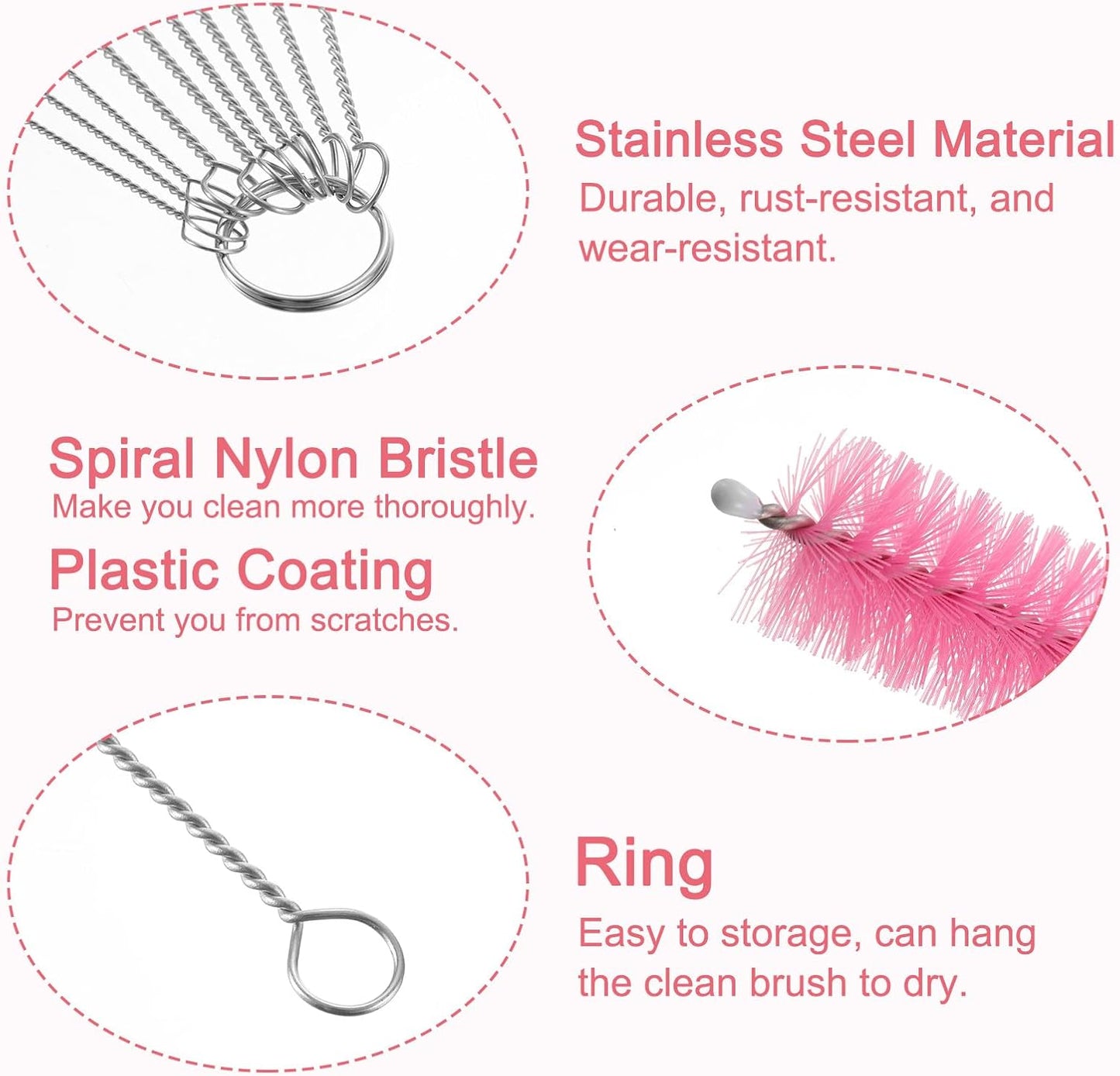uxcell Straw Cleaner Brush Set, 8.3 Inch Nylon Tube Pipe Cleaners, Set of 10 Stainless Steel Long Straw Brush for Drinking Straw, Bottle, Tube, Cup, Pink