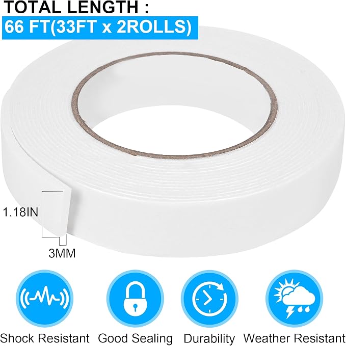 Double Sided Foam Tape 1.18In x 33FT 2 Pack, Mounting Tape Heavy Duty, Strong