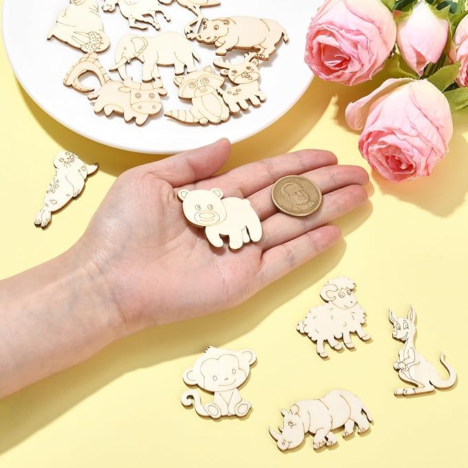 100 Pcs Unfinished Wooden Animal Cutouts Cute Blank Wood Slices