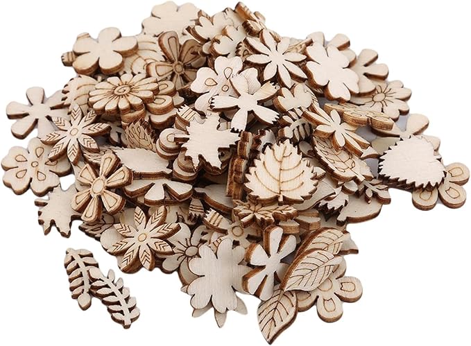 100 Pcs Unfinished Wooden Flower Wood Slice Leaf Pattern Cutouts Wood Pieces