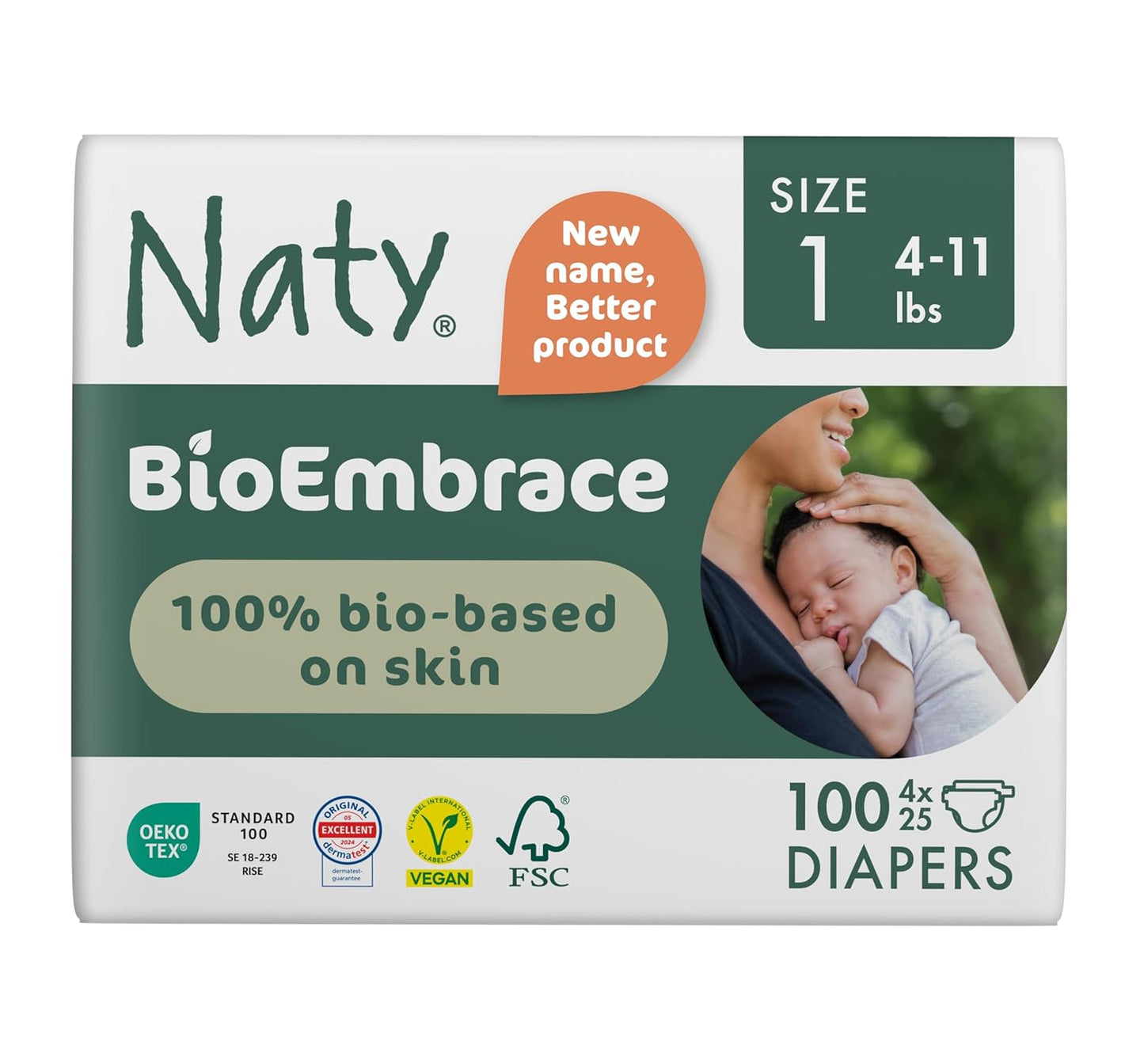 Naty BioEmbrace Baby Newborn Diapers Size 1 (4–11 lbs) | 100% Biobased on Skin | Plant-Based Softness | Dermatologically Tested, Super Absorbent | 100 Count