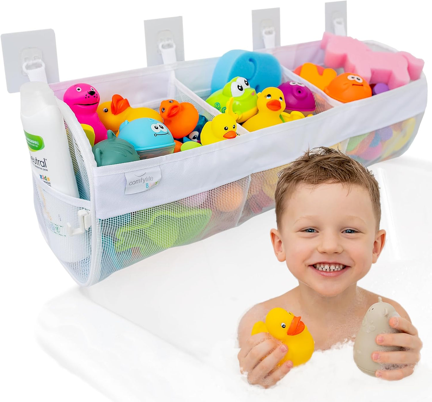 Comfylife Large Bath Toy Organizer – 3 Compartment Bath Toy Holder for Bathtub & Shower – Quick-Dry Mesh with 4 Strong Adhesive Hooks – Kids Toys Storage Net for Bathroom, shower & Tub