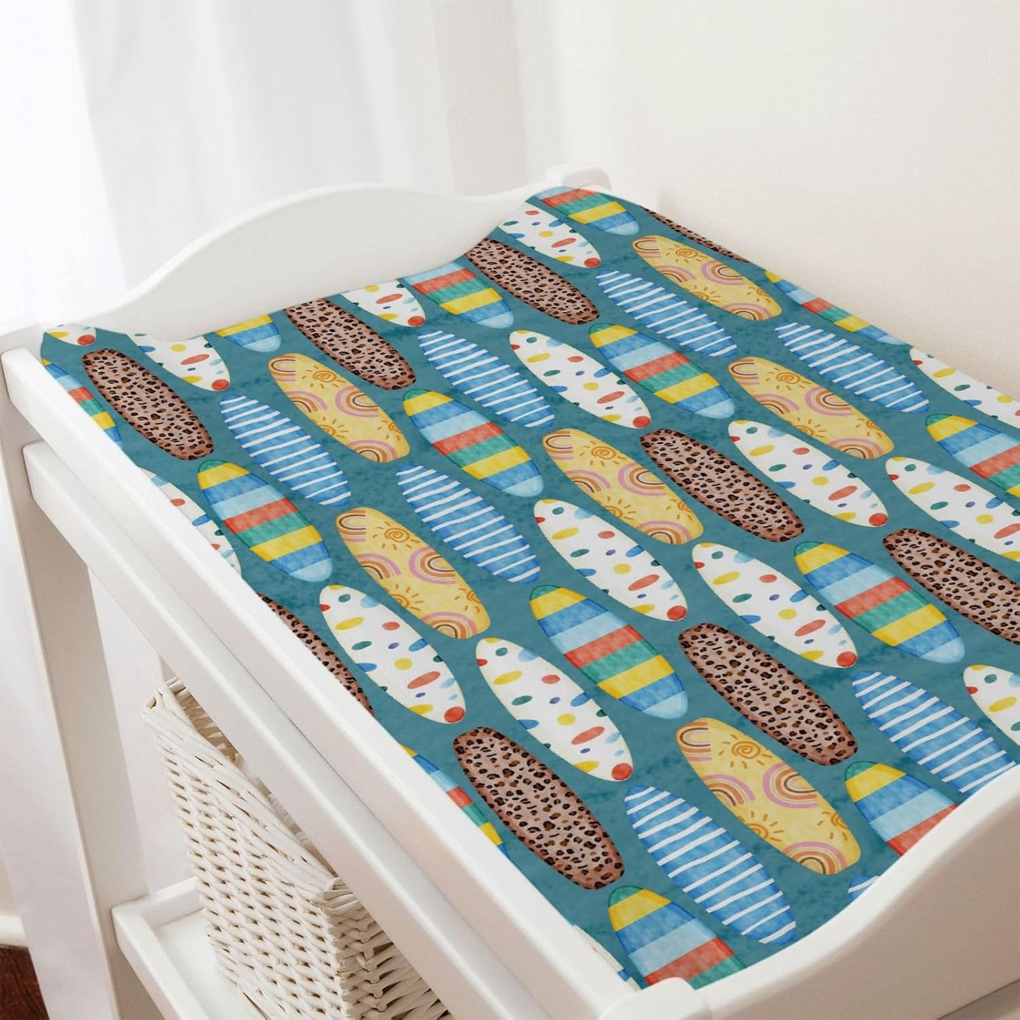 Boho Surfboard Baby Changing Pad Cover Sheets for Baby Boy Girl 32''x16'' Beach Surfing Unisex Fitted Diaper Changing Table Sheets Colorful Surfboard Comfort Soft Breathable Baby Changing Table Mats