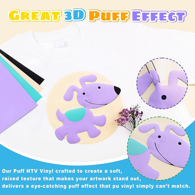 Puff Vinyl Heat Transfer-18 Pcs Puff HTV Heat Transfer Vinyl Sheets Assorted