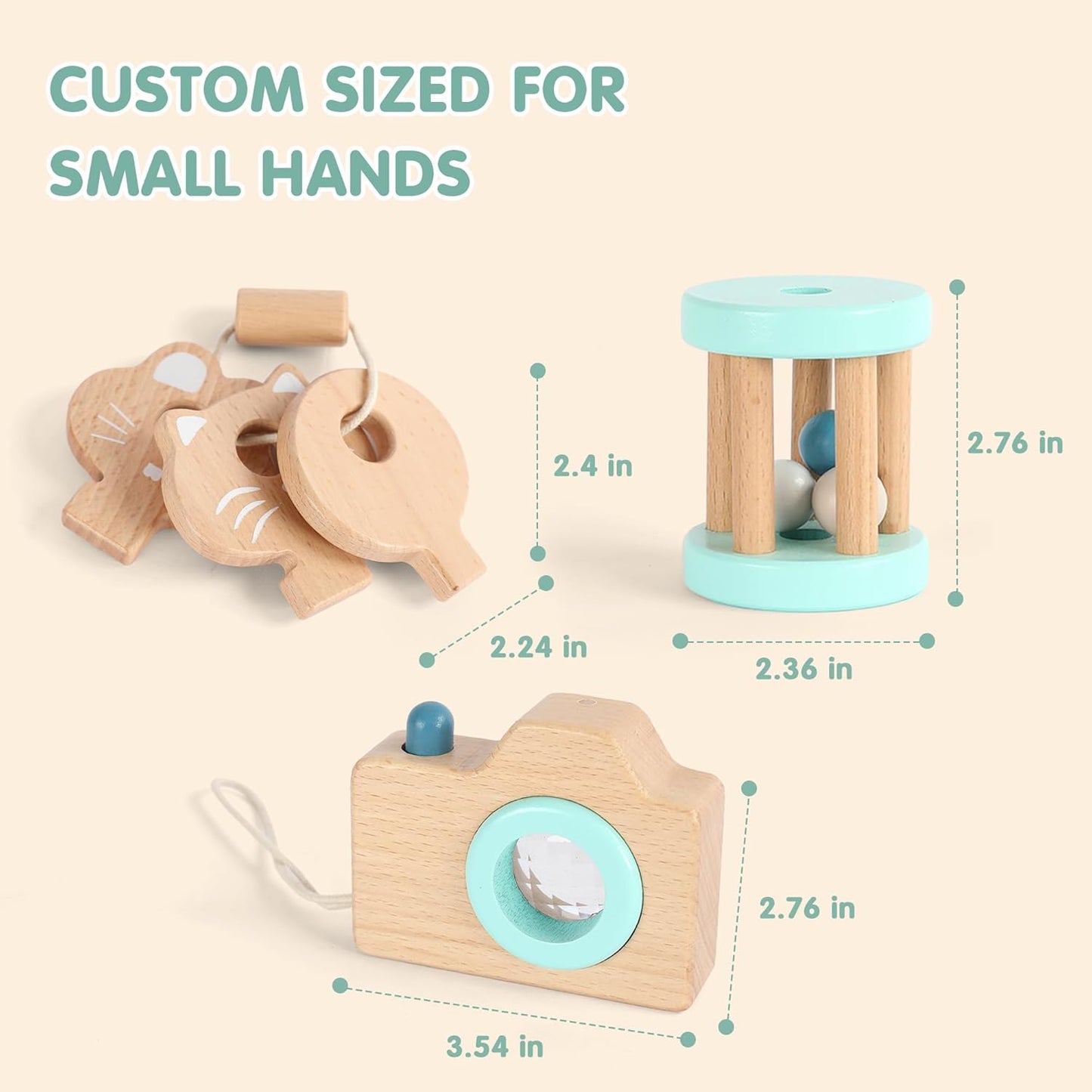 FReniland Wooden Montessori Toys, 3-Piece Wooden Baby Toys, Rotating Drum Toy, Camera Kaleidoscope Toys, Baby Key Rattles,Newborn Baby Gift Sets for Boys and Girls