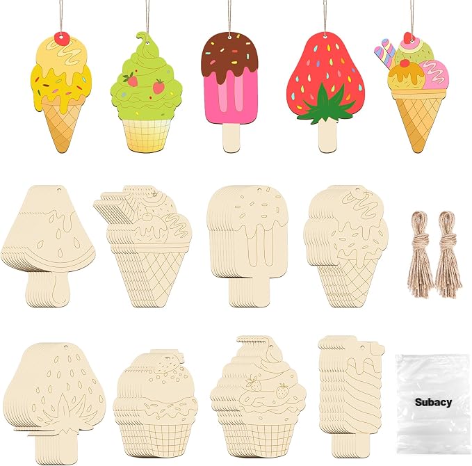 Subacy 80 PCS Unfinished Wood Cutouts 8 Styles DIY Wooden Spring Ornaments