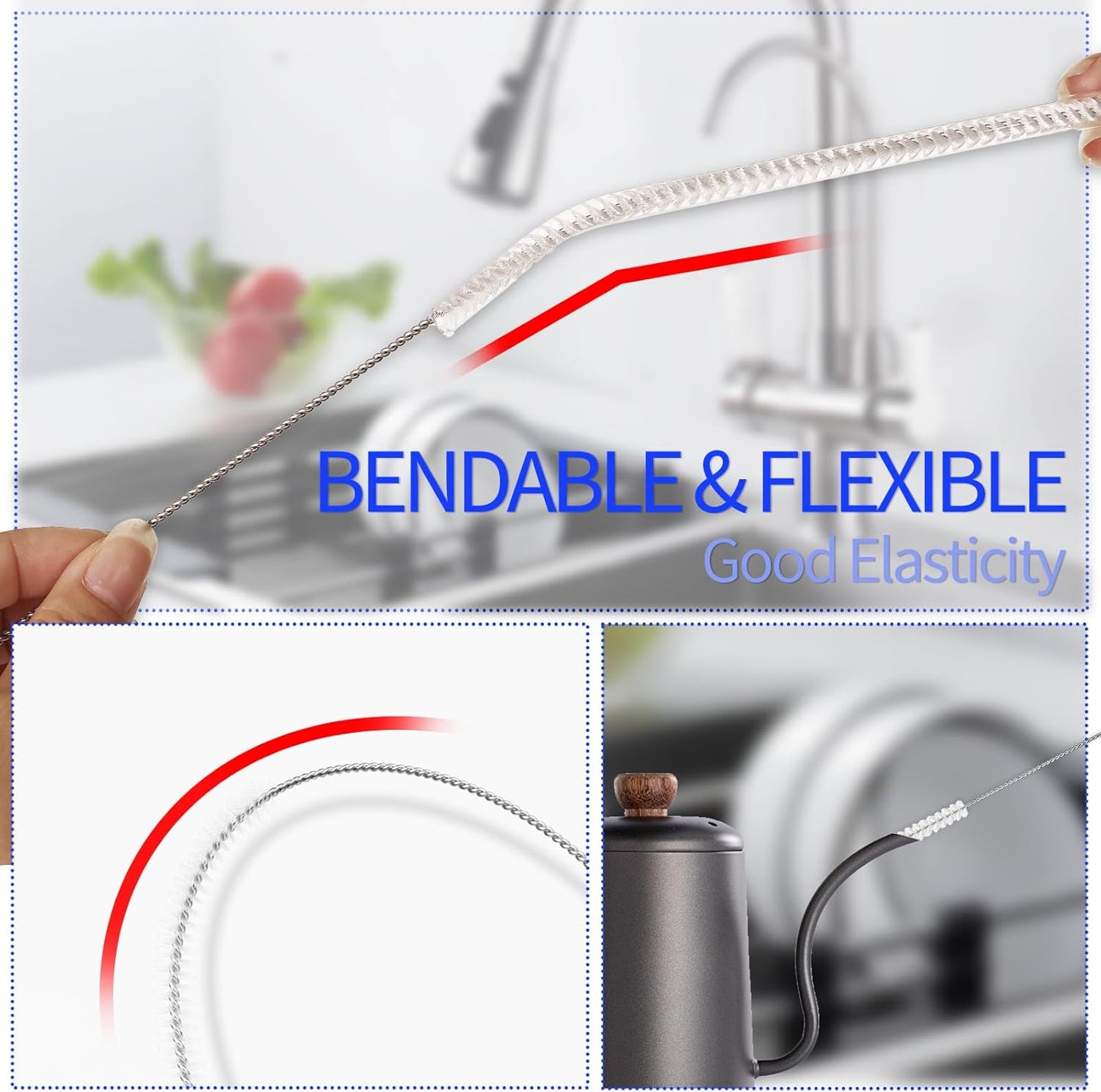 15.7" Bottle Brush Set - 4 Pack Water Bottle and Straw Cleaner Brush with Long Handle for Hydro Flasks, Sports Bottles, Tumblers, Glassware, Narrow Neck Containers