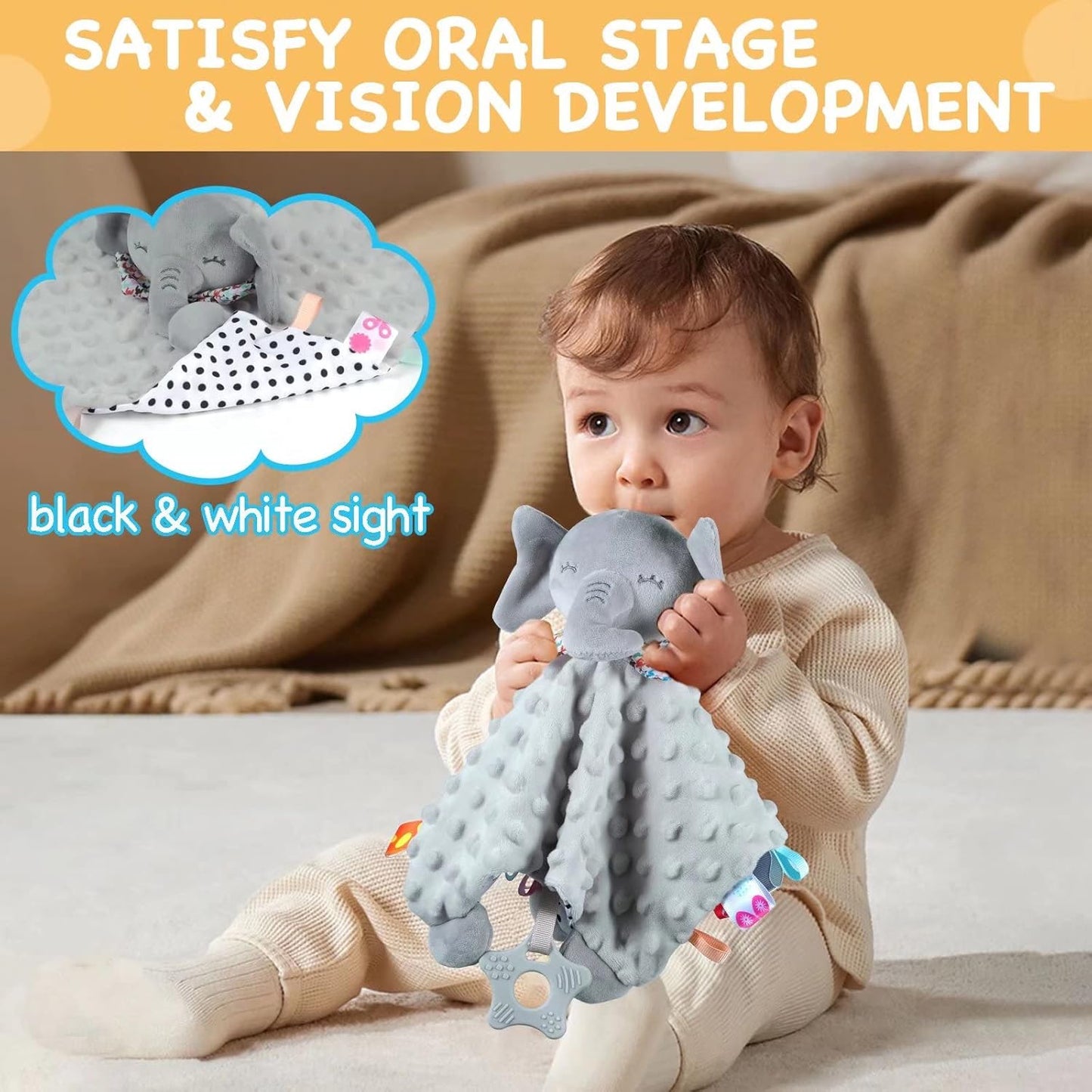 Elephant Security Blanket with Teether - Soft Baby Blanket for Boys & Girls - Dotted, Soothing