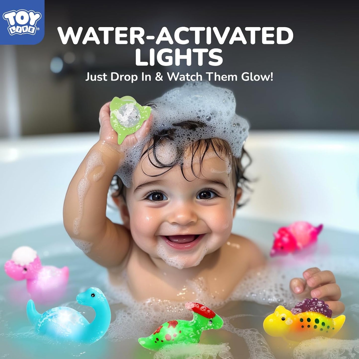 TOY Life 6 PC Dinosaur Light Up Bath Toys for Kids, No Hole Glow Bath Toys for Kids Ages 4-8, Baby Toddler Bath-Time Gifts for Easter, Birthday, Christmas, Ideal for Shower, Bathtub, Swimming Pool