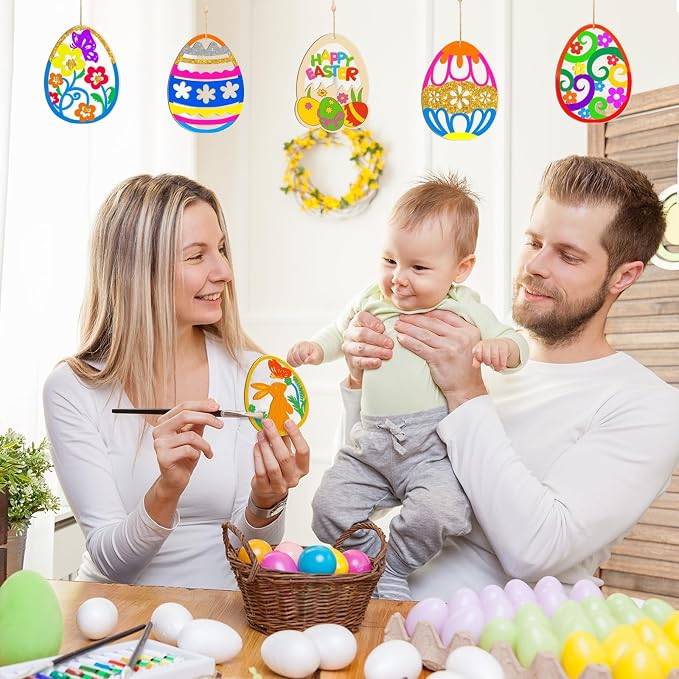 36PCS Wooden Easter Ornaments to Paint, 6 Styles DIY Blank Unfinished Wood Egg