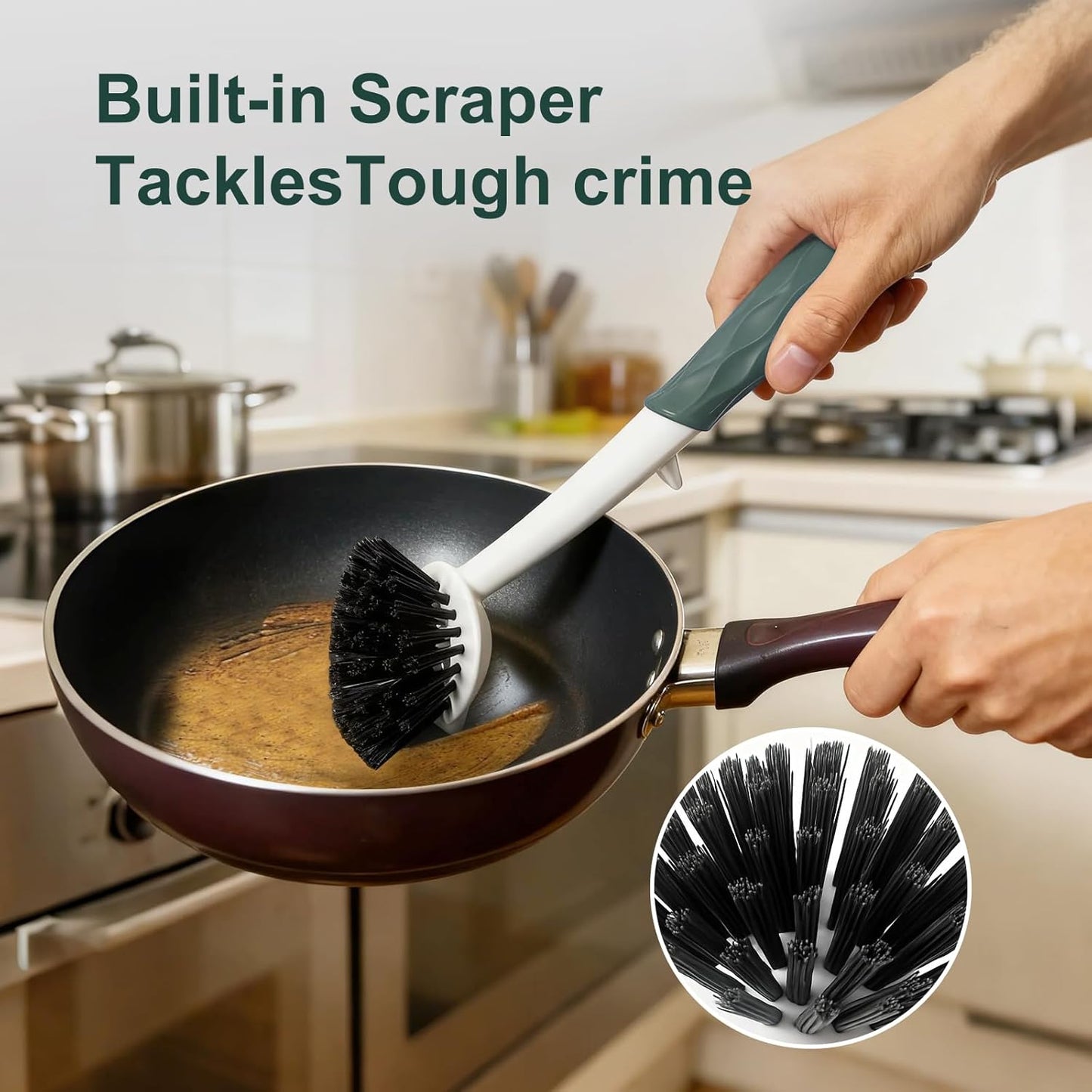 Dish Brush, 2 Pack with Comfortable Handle, with Built-in Scraper, Scrub Brush with Stiff Bristles for Cleaning Dishes, Sink, Pots(Green)