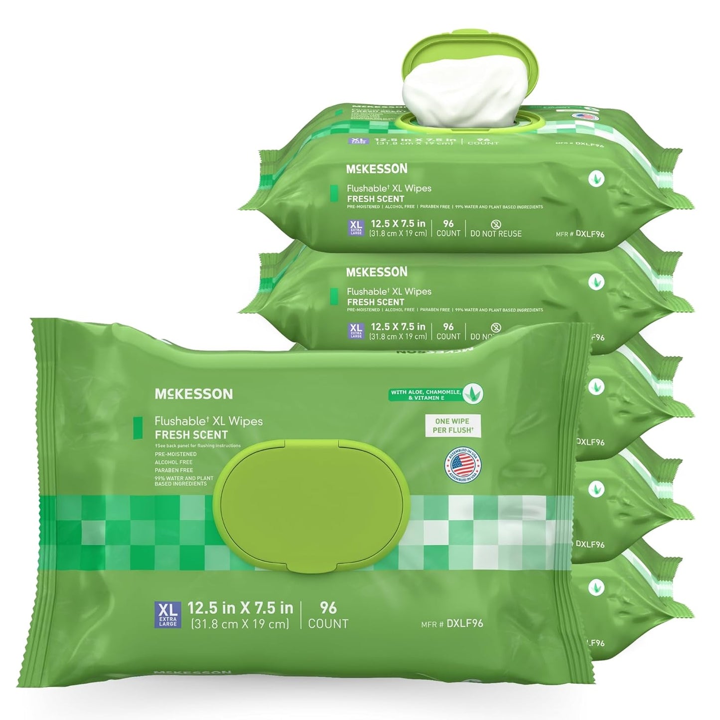 McKesson Flushable* Adult Wet Wipes XL – 576 Wipes (6 Pack of 96) – Aloe & Vitamin E, Plant-Based Cleansing Wipes, Scented, Extra Large