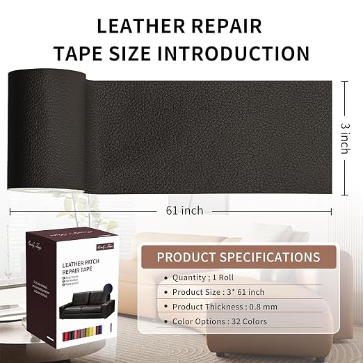 Leather Repair Patch Tape, Coffee 3 x 61 Inches Self Adhesive Leather Repair Kit