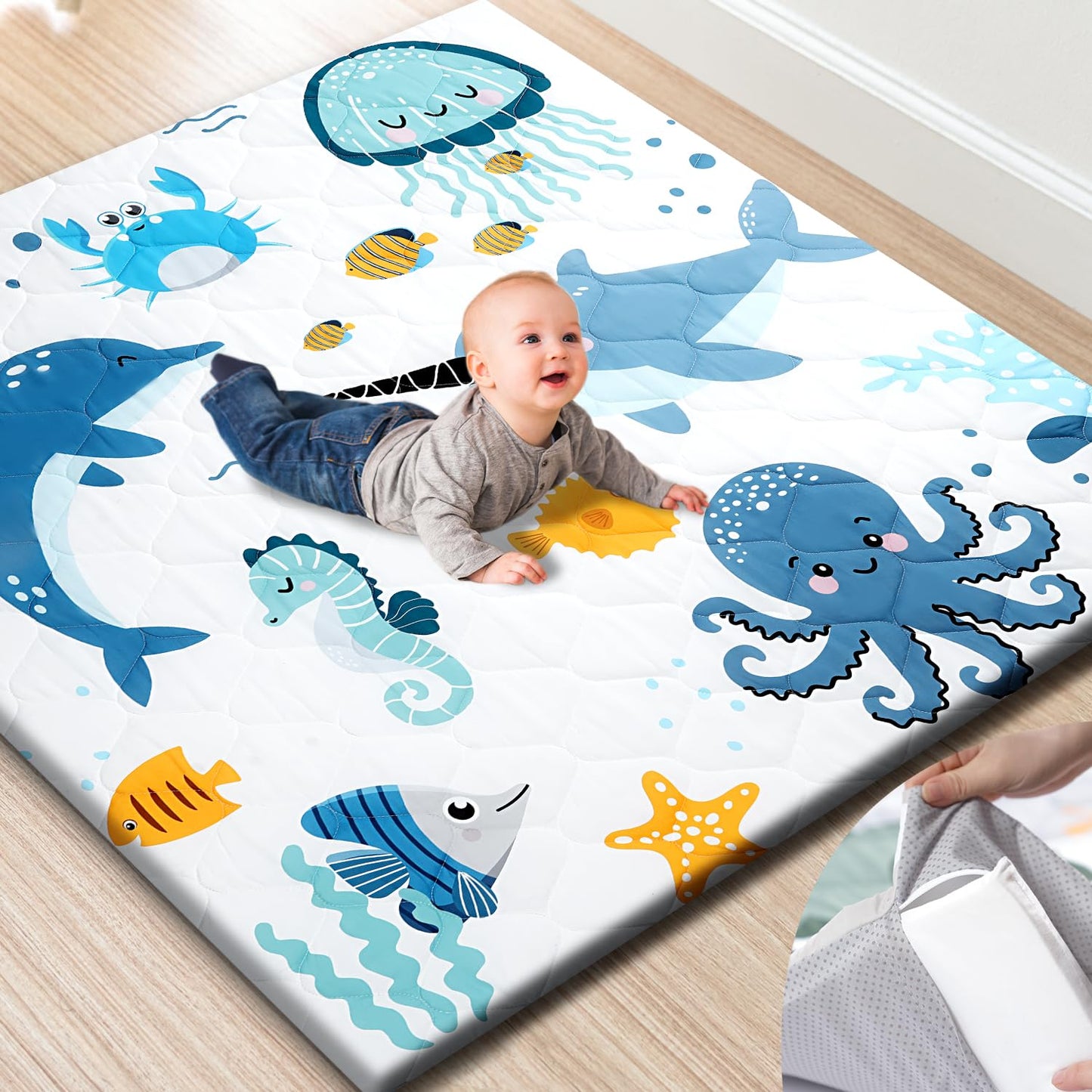 Premium Foam Baby Play Mat 50x50 – Removable & Machine Washable Cover, Extra Thick Padding Playpen Mat, Non-Slip Crawling Mat, Easy to Clean for Infants, Toddlers & Babies