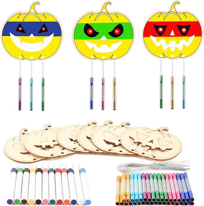 Wooden Pumkins Wind Chime Ornaments Painting Craft, 6 Style Cutouts