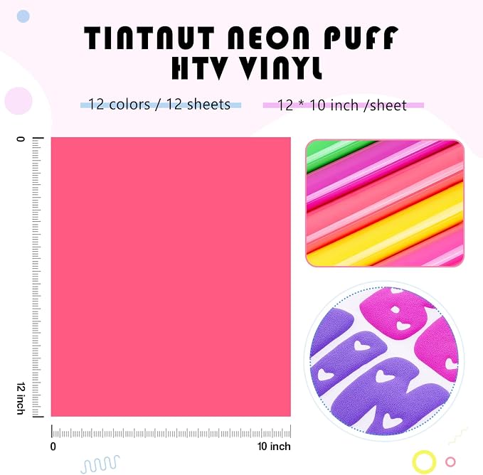 Tintnut Multicolor Neon Puff HTV Vinyl, easy cut & weed, stretch washable