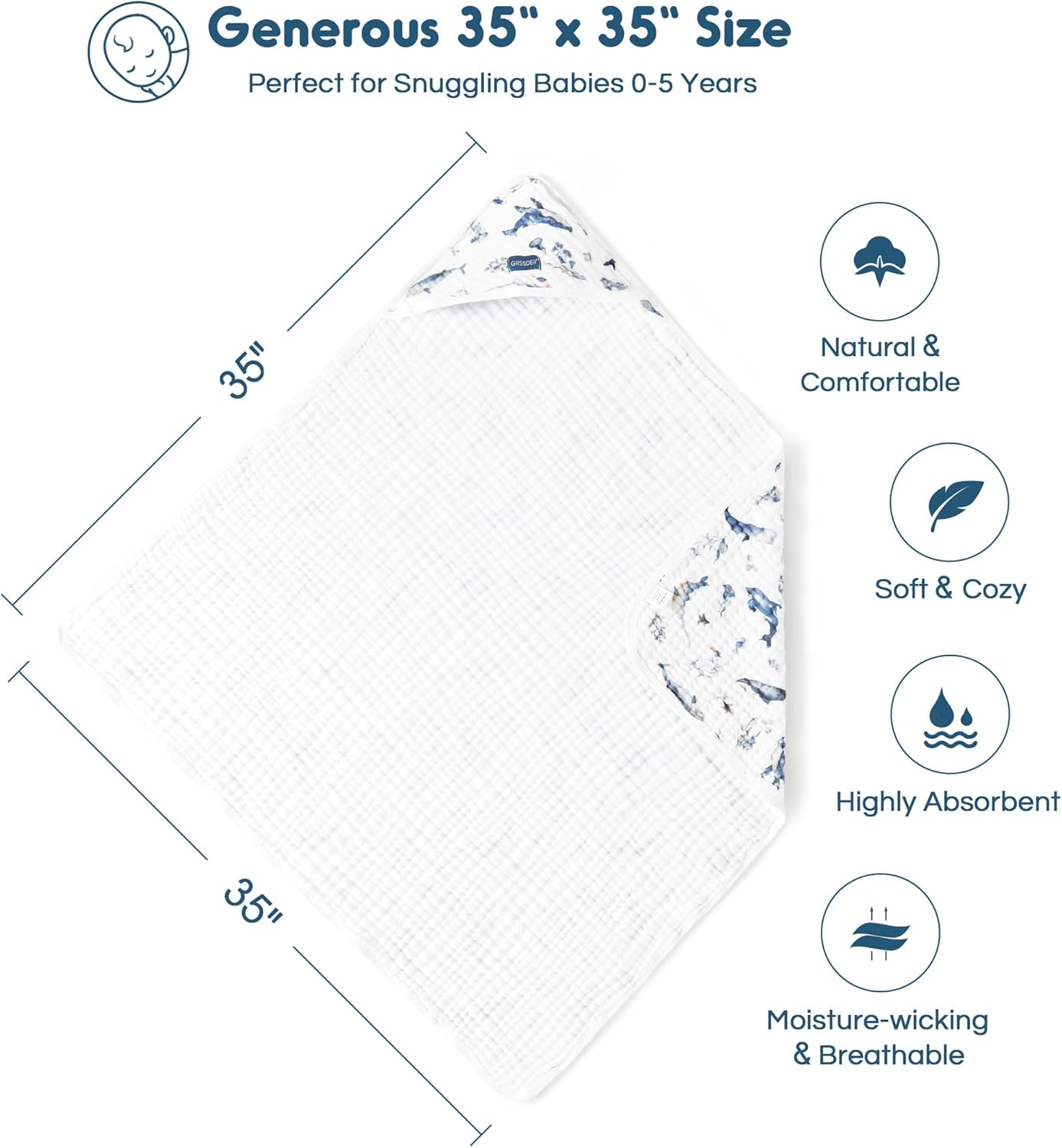 GRSSDER Ultra Soft Absorbent Muslin Cotton Baby Hooded Towel 2 Pack with Original Patterns, Extra Large Size 35"x 35" Swaddle Wrap for Newborn Infant and Toddler