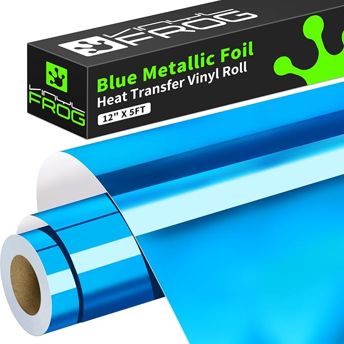 VINYL FROG Blue Metallic Foil Heat Transfer Vinyl 12" x5ft Blue HTV Vinyl Roll