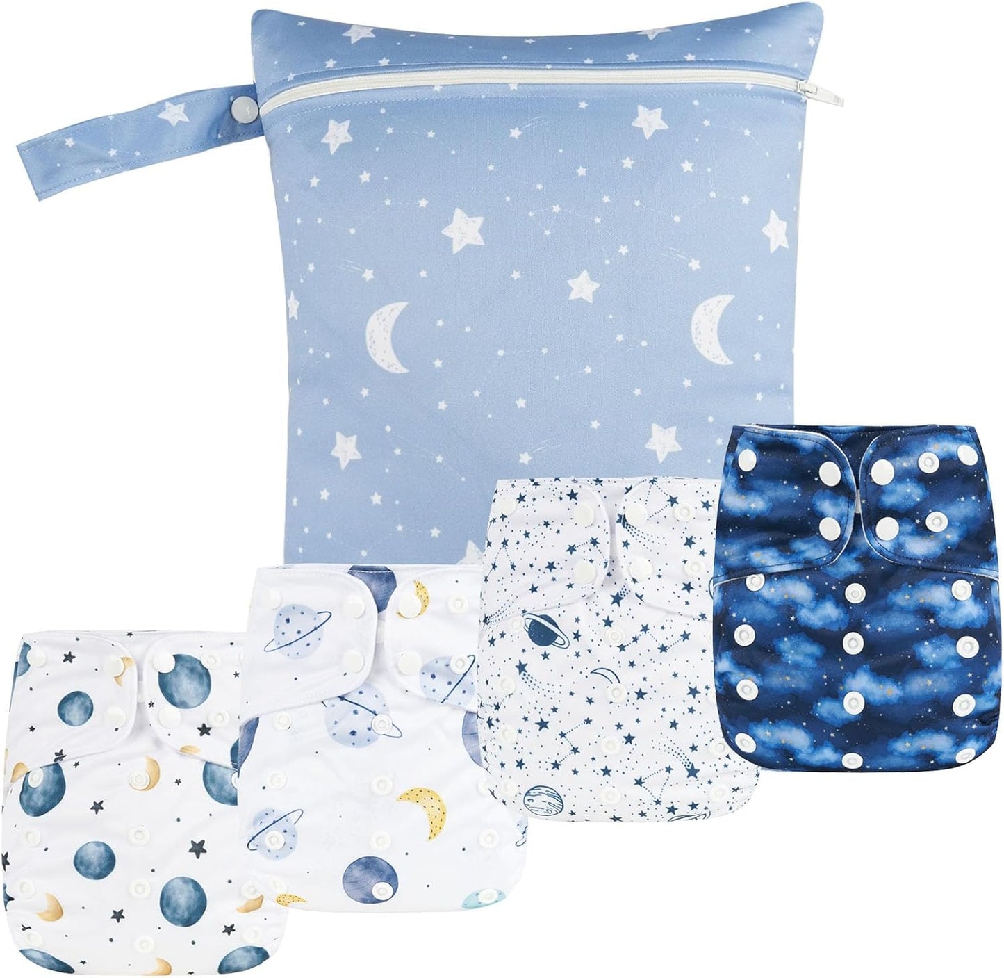 HappyFlute 9 Sets Newborn Baby Cloth Pocket Diapers Adjustable Reusable for Baby Boys and Girls(6-33 pounds,0-3 Years),One Wet Bag+4Diapers and 4Inserts (AD09)