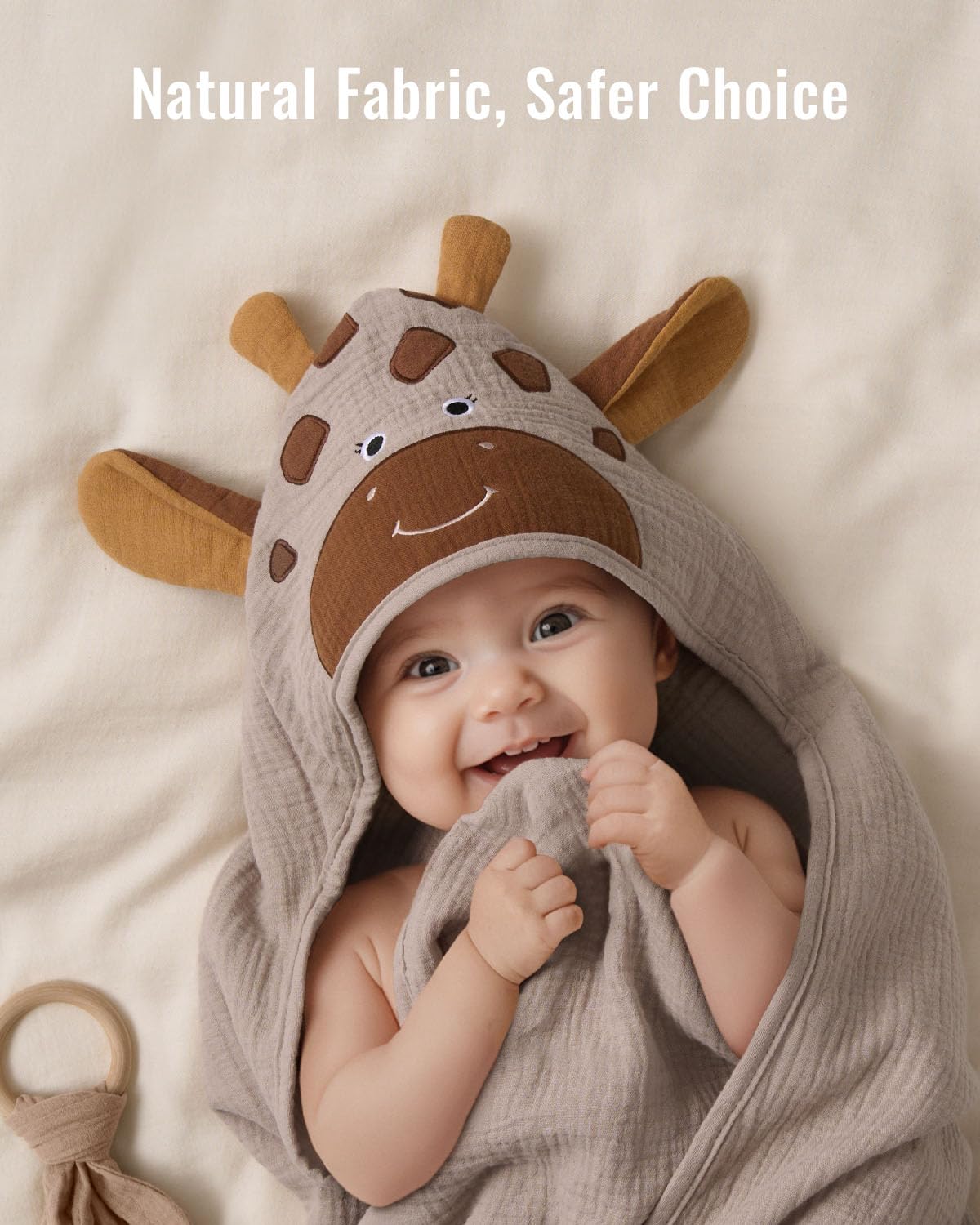 Blissful Diary Muslin Baby Hooded Towel, Soft and Absorbent Bath Towel for Newborn, Infant, Toddler, Unisex, 32″x32″ - Gentle Giraffe
