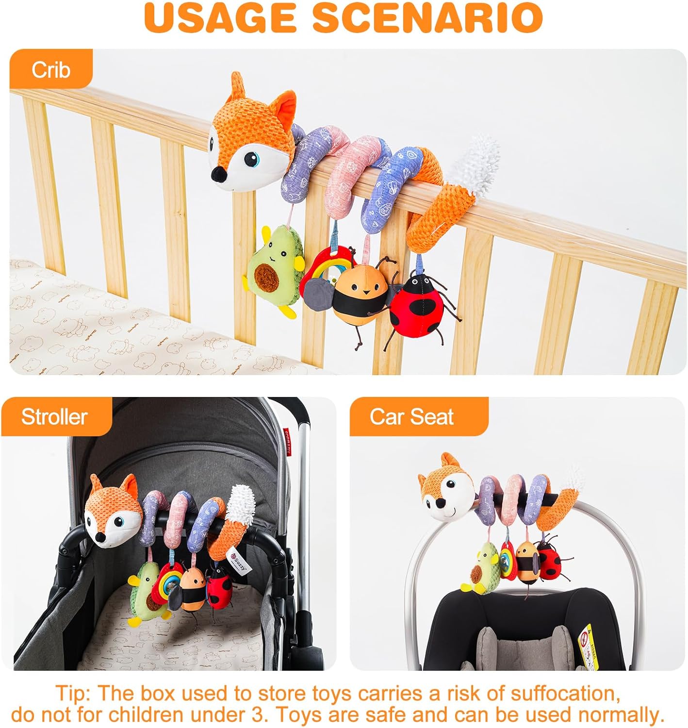 Jollybaby Crib Stroller Car Seat Toys for Baby 0-3-6-9-12 Months, Tummy Time Hanging Sensory Toys for Newborn with Music Box and Teether, Spiral Carseat Toy for Infant Boys Girls Gift (03-Orange Fox)