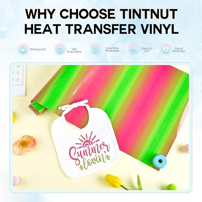 Tintnut Bright Green Pink Ombre Heat Transfer Vinyl Roll, PU HTV, easy cut &