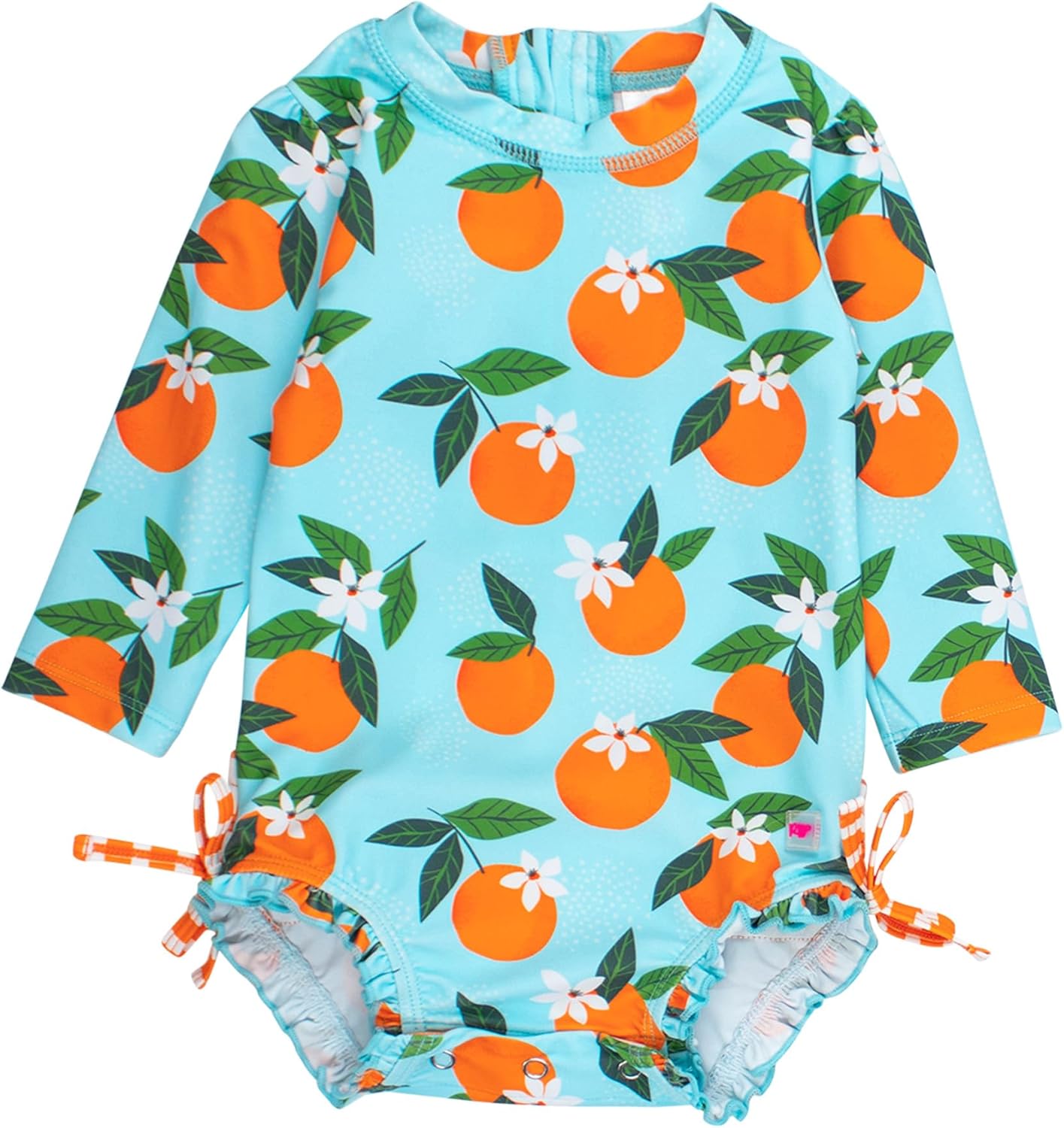RuffleButts Baby Girls UPF 50+ Sun Protection Novelty Print Long Sleeve One Piece Rash Guard Swimsuit with Zipper