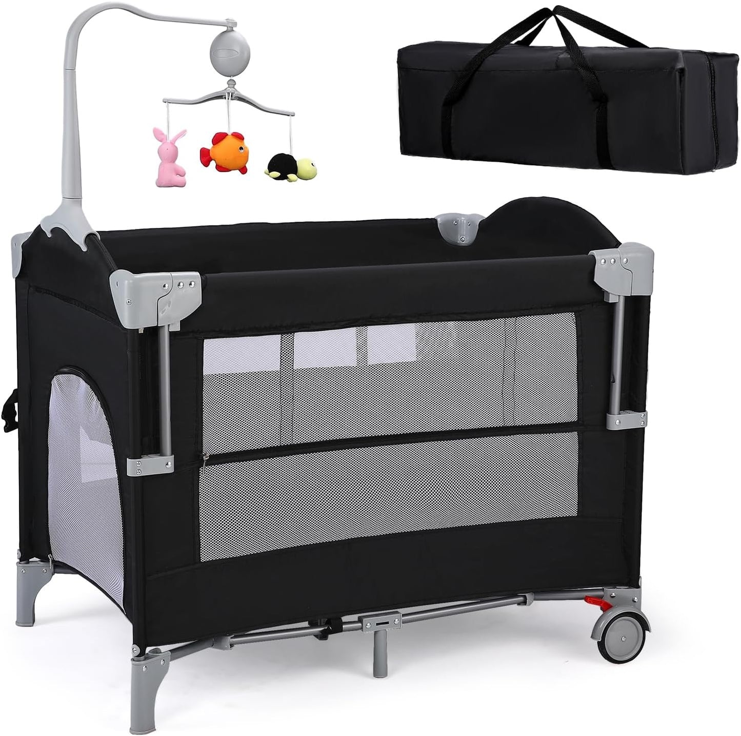 JOYMOR 4 in 1 Pack and Play, Baby Bedside Bassinet, Sturdy Play Yard with Padded Mat and Toy bar with Soft Toys