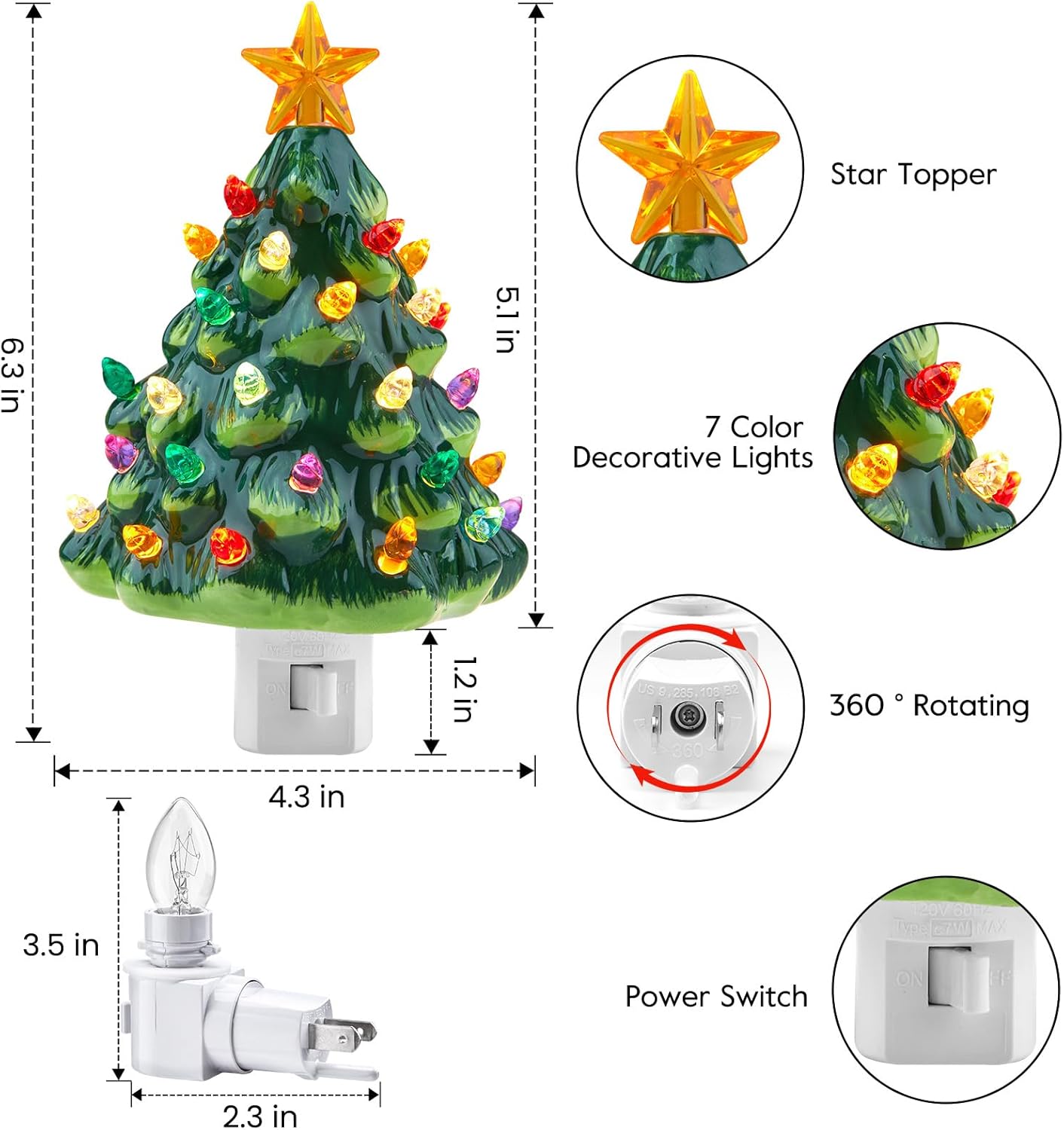 Brightown Ceramic Christmas Tree Night Light - 2 Pack Christmas Decorative Ceramic Tree with ON/Off Switch, Vintage Christmas Night Light for Bedroom Porch Holiday Decor
