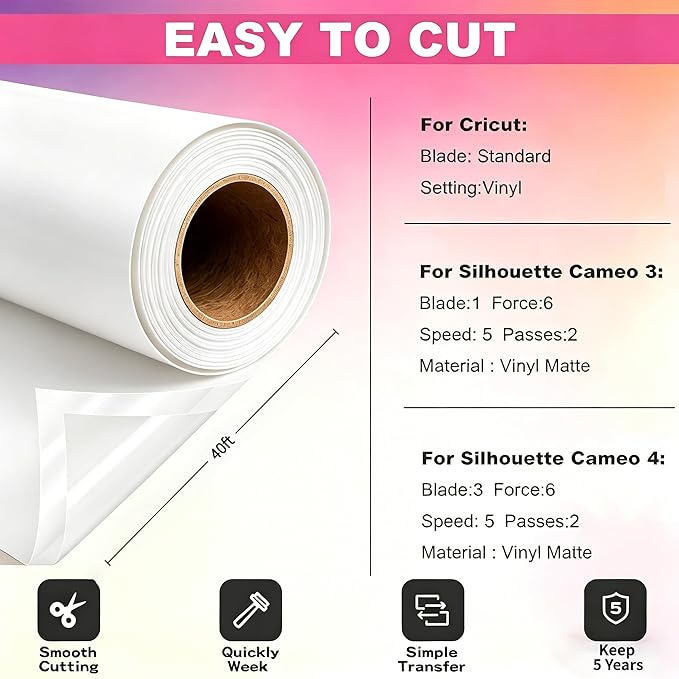 White Permanent Vinyl for Cricut Cutting Machine, Waterproof, Durable White
