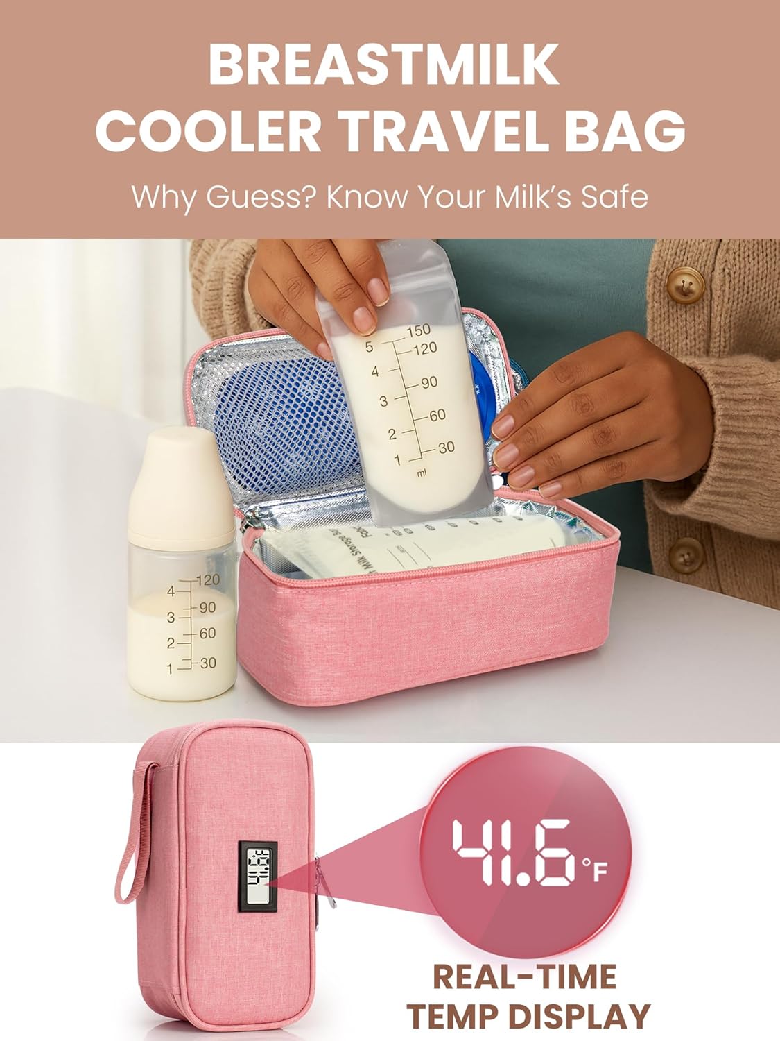 Breast Milk Cooler Travel Bag, Real-Time Temperature Display, Holds 4-6 Breastmilk Storage Bag with 2 Breast Milk Ice Pack, Cooling & Waterproof Portable Cooler for Moms on The Go(Pink)