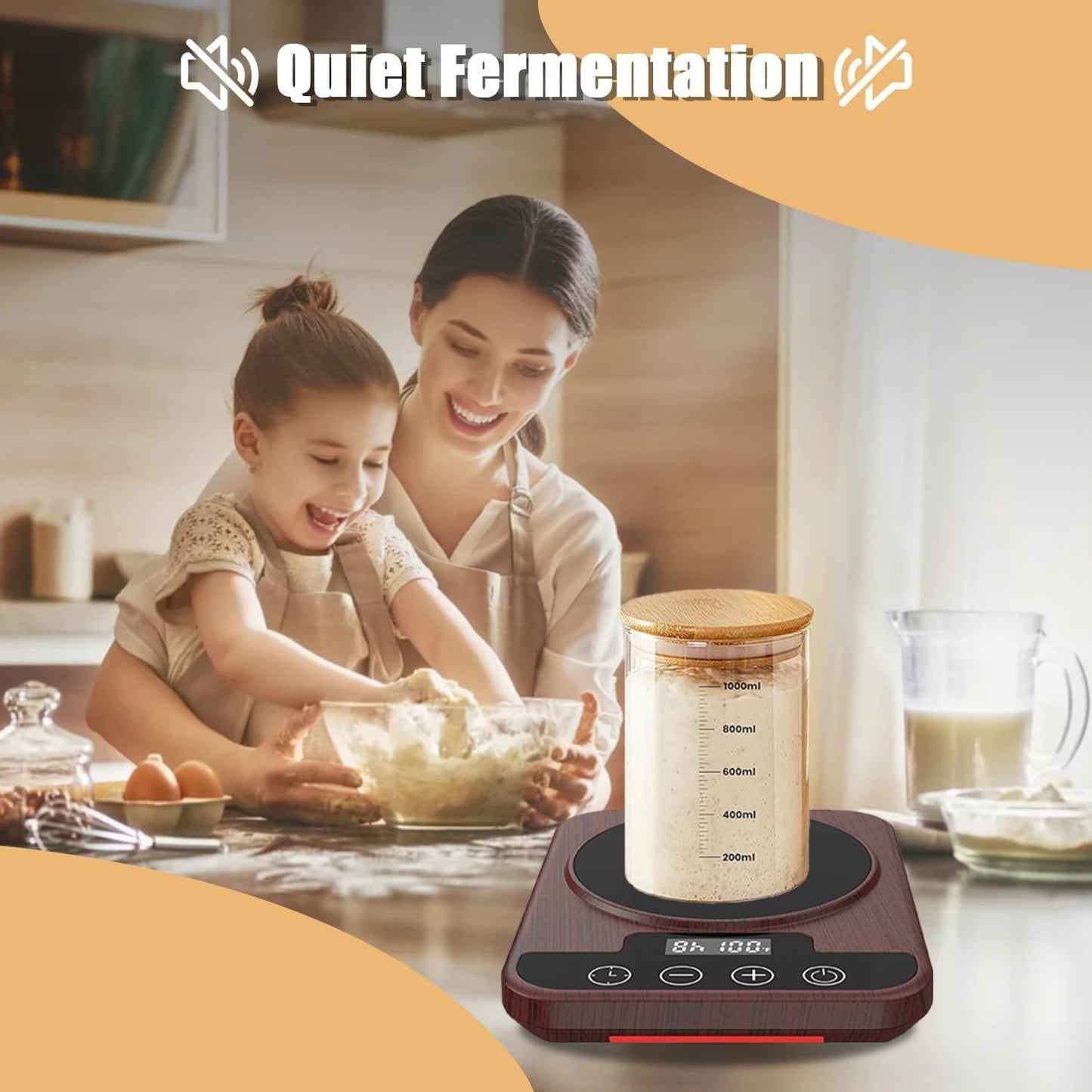 Sourdough Starter Warmer Mat, 12H Timer Warming Heating Pad, Precise 1°F Thermostat Control (70-100°F), Smart Memory Warming On/Off, Fits Jars Up to 40oz, Perfect for Home Baking (Wood)