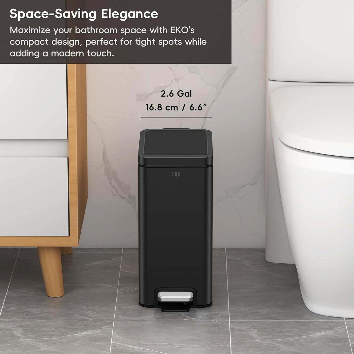EKO Small Bathroom Trash Can with Lid Soft Close, Step Pedal, 10 Liter / 2.6 Gallon Stainless Steel Garbage Can with Removable Inner Bucket, Anti-Fingerprint Finish (Matte Black)