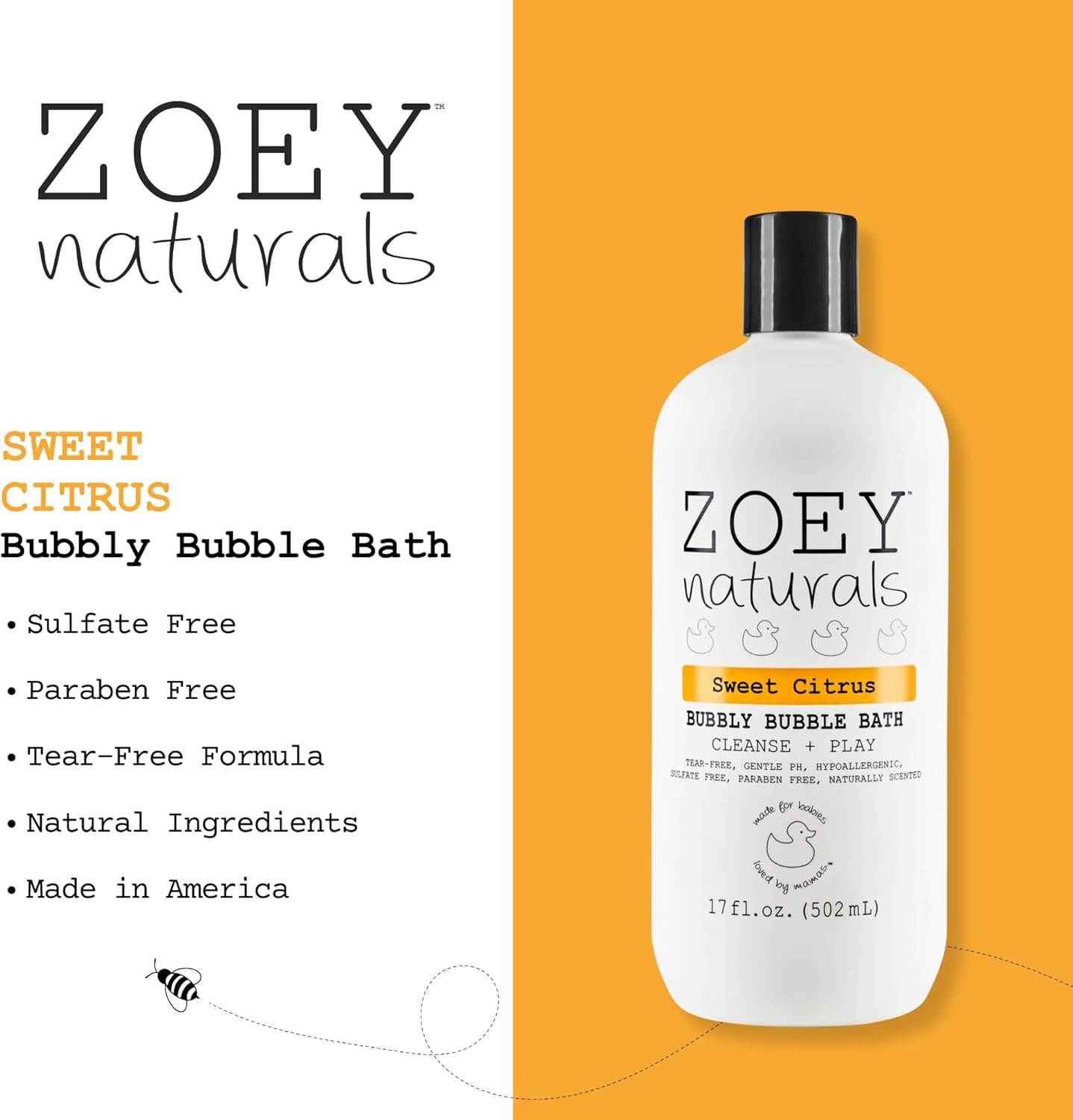 Zoey Naturals - Sweet Citrus Bubble Bath for Kids & Babies - Organic Tear-Free, Non-Toxic Toddler Soap with Moisturizing Aloe & Avocado Oil - Long Lasting Bubbles - Made in USA, 17 oz
