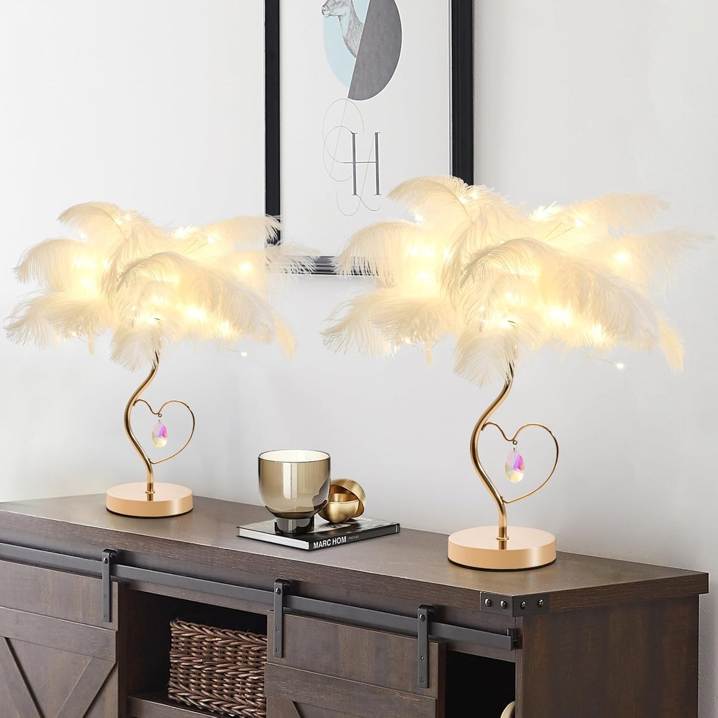 White Ostrich Feather Lamp Princess Fluffy Bedside Lamp Romantic Feather Table Lamp Nightstand Light for Girl Bedroom Wedding Decor Valentine Dating Living Room Hotel Office