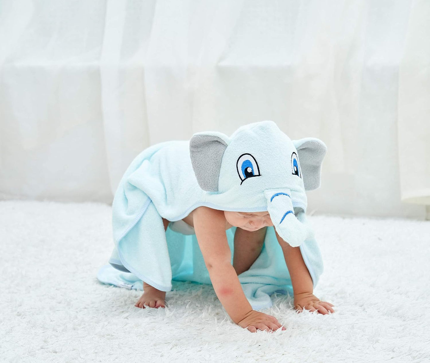 HIPHOP PANDA Hooded Towel - Rayon Made from Bamboo, Bath Towel with Bear Ears for Newborn, Babie, Toddler, Infant - Absorbent Large Baby Towel - Blue Elephant, 30 x 30 Inch