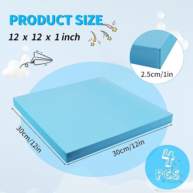 LuckyFoam Blue 4 Pack 12x12x1 inch Foam Sheets 1 Inch Thick | Polystyrene
