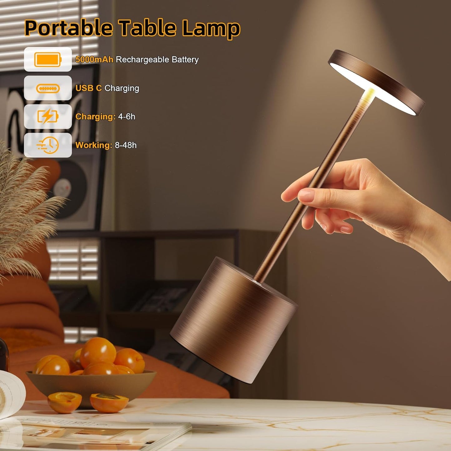 Cordless Table Lamps Rechargeable - Outdoor Portable LED Table Light 5000mAh Battery Operated Lamp 3 Color Stepless Dimming with Memory Function for Restaurant Dining Patio 2Pack Moka