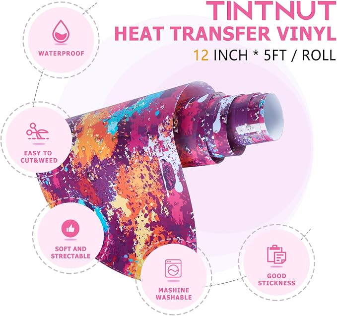 Tintnut Dark Red Splash Heat Transfer Vinyl Roll, stretch washable, works