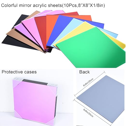 Colored Mirror Acrylic Sheet Set, 10 Pack 8×8 inch – Laser Cutting & DIY Crafts