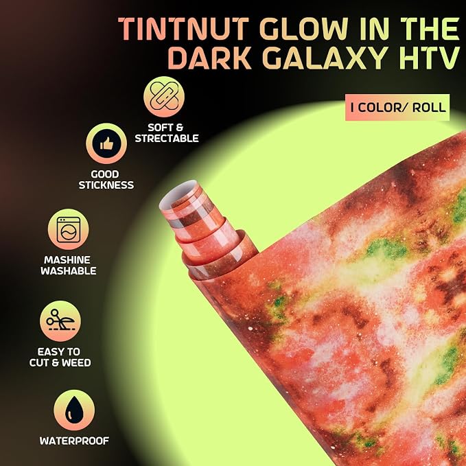 Tintnut Orange Galaxy Glow in the Dark HTV Vinyl Roll, stretch washable