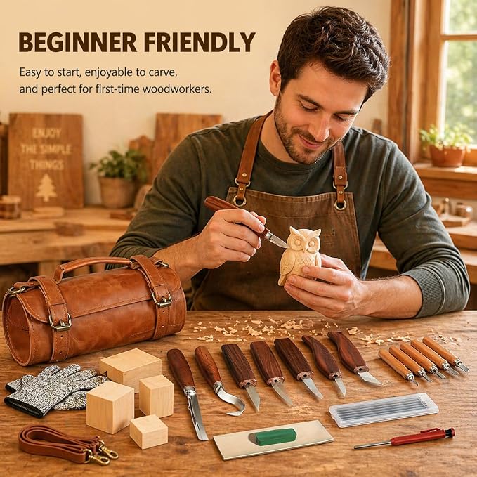 Deluxe Wood Carving Kit, High-Carbon Steel Knives, Safety Gloves, Woodworking