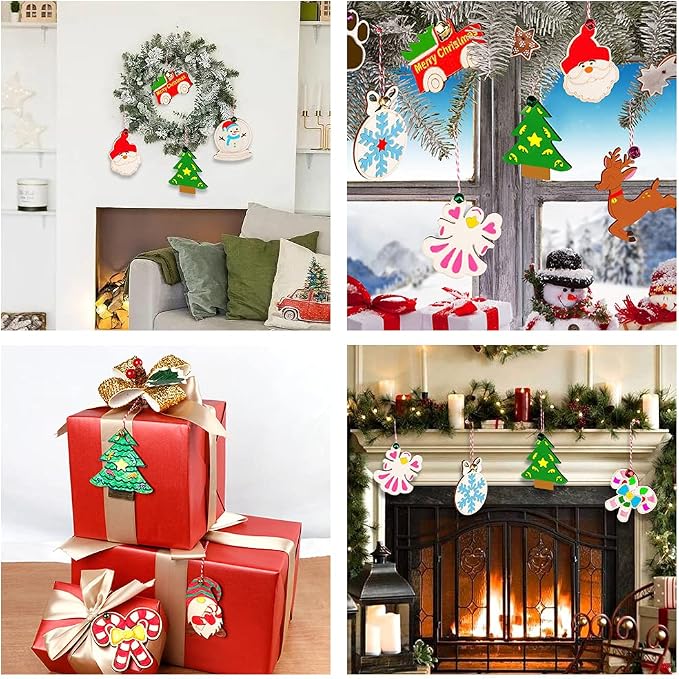 GUDELAK 60PCS DIY Wooden Christmas Ornaments, 12 Styles Christmas Crafts
