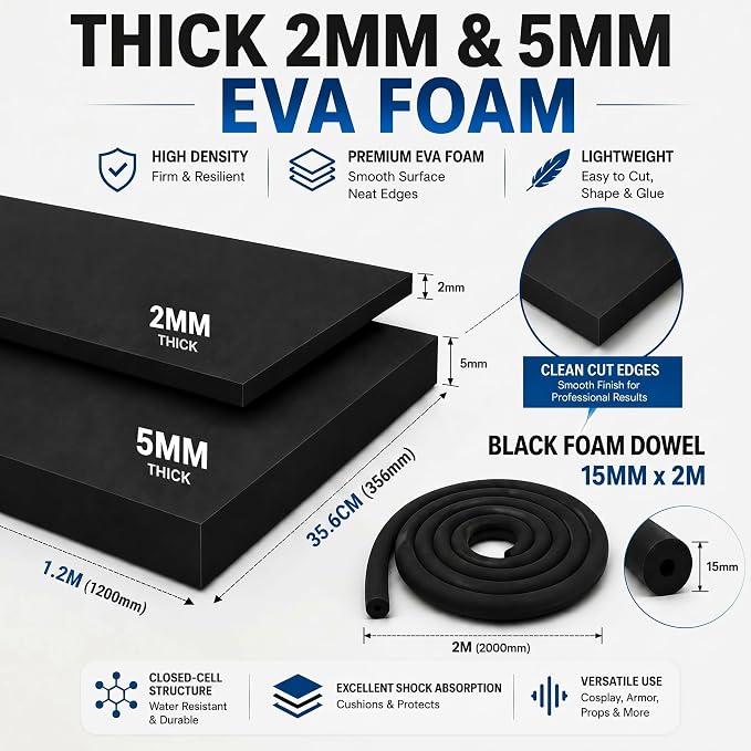 3-Piece EVA Cosplay Foam Kit, Includes 2 Black EVA Foam Sheets and 15mm x 2m