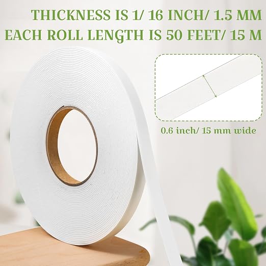 Tatuo 2 Rolls Double Sided Foam Tape 0.6 Inch by 50 Feet White PE Foam Tape