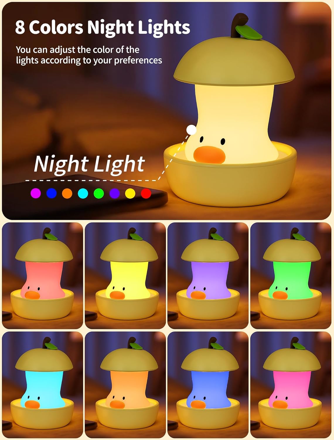 Pear Duck Night Light, Rechargeable Bedside Touch Lamp, Portable Dimmable Sleep Nightlight, Cute Table Night Lamps, Gifts for Kids, Teens, Adults, Bedroom Office Home Decor(Green)