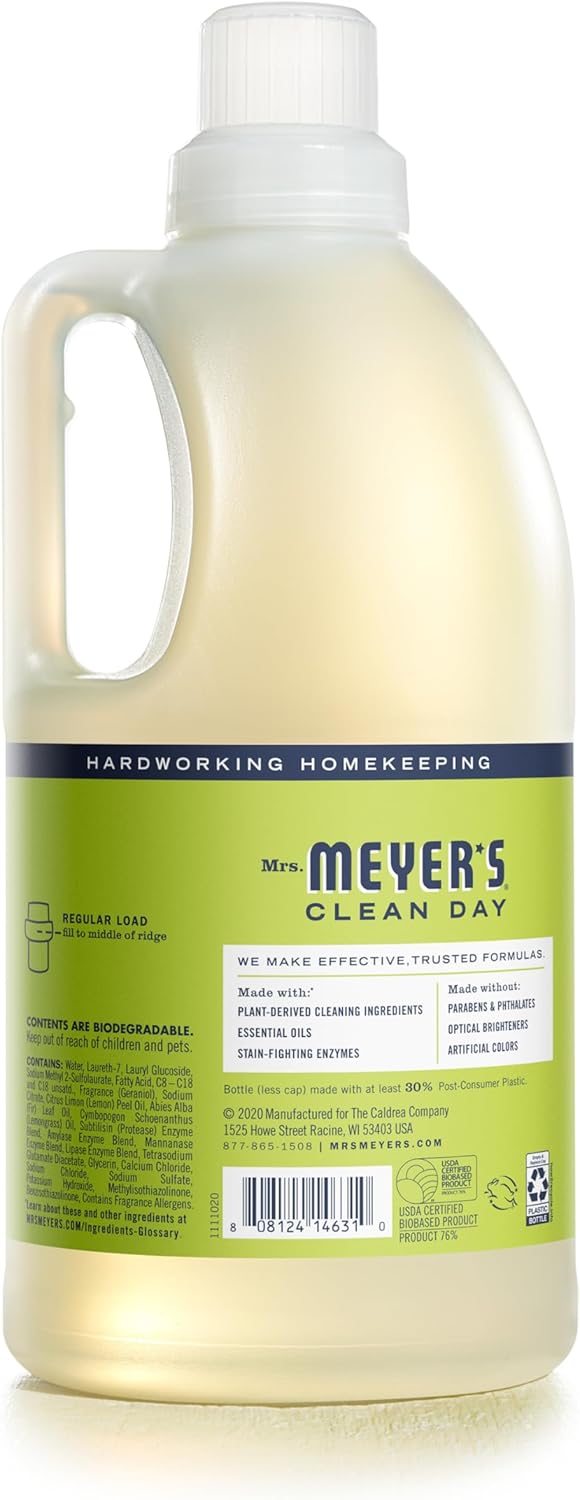 MRS. MEYER'S CLEAN DAY Liquid Laundry Detergent, Infused with Essential Oils, Lemon Verbena, 64 oz - Pack of 2 (128 Loads)