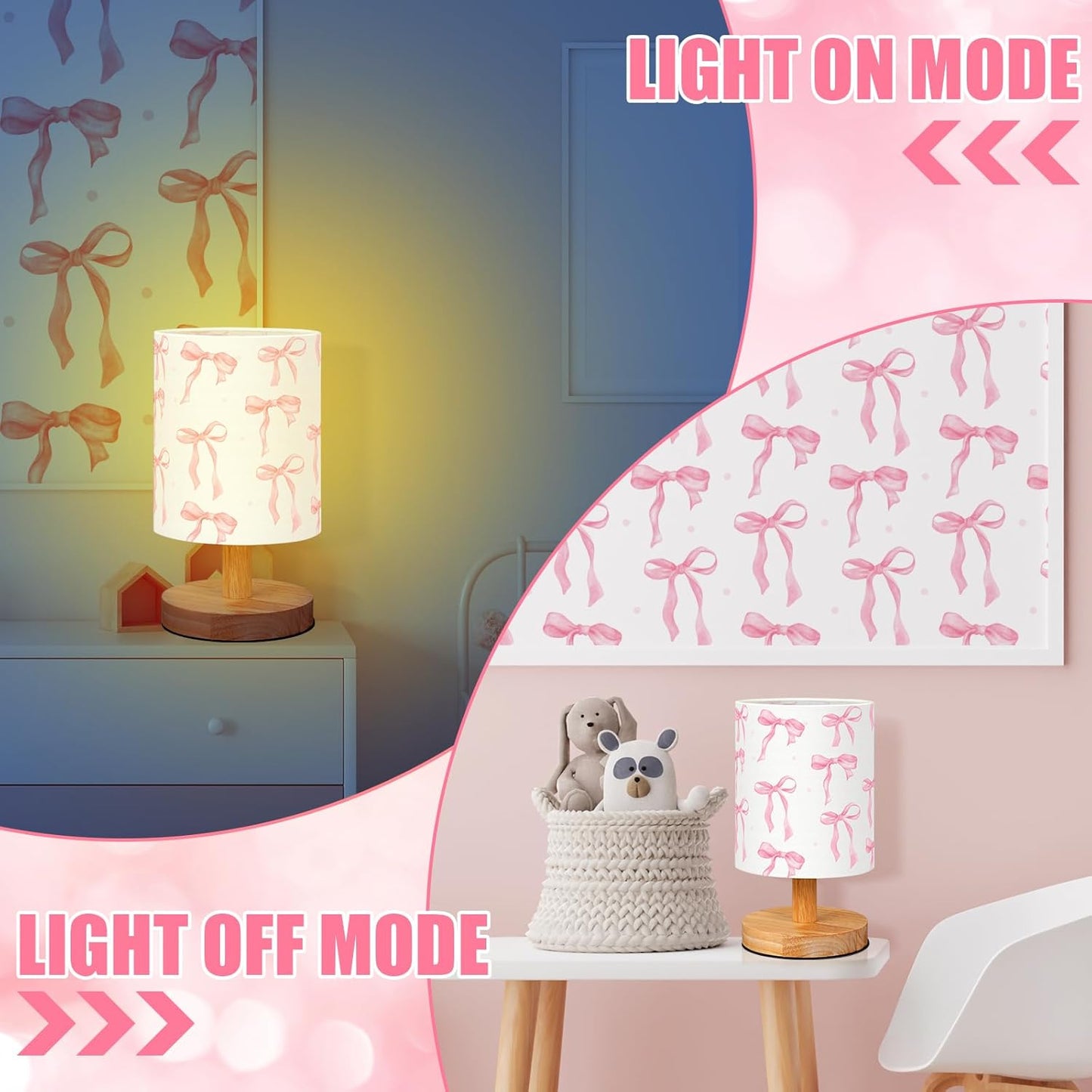 VIHOSE Bow Kids Table Lamp for Bedroom Kids Bedside Lamp with Linen Wooden Nightstand Cartoon Nursery Lampshade for Girls Boys Living Room