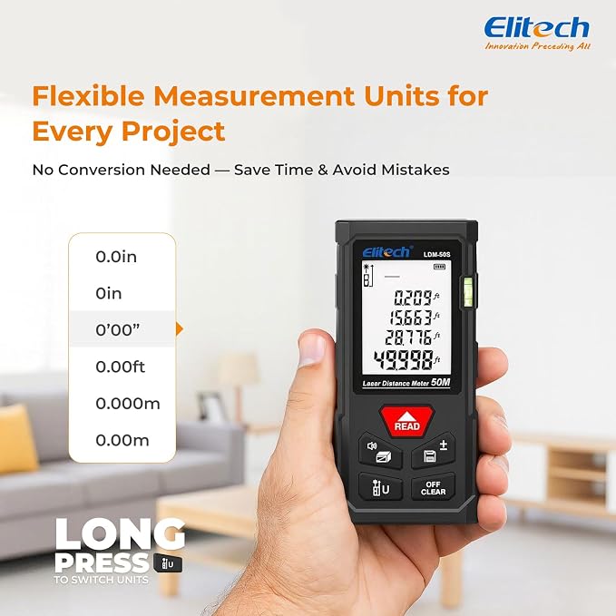Elitech Laser Tape Measure, 165ft Laser Distance Meter